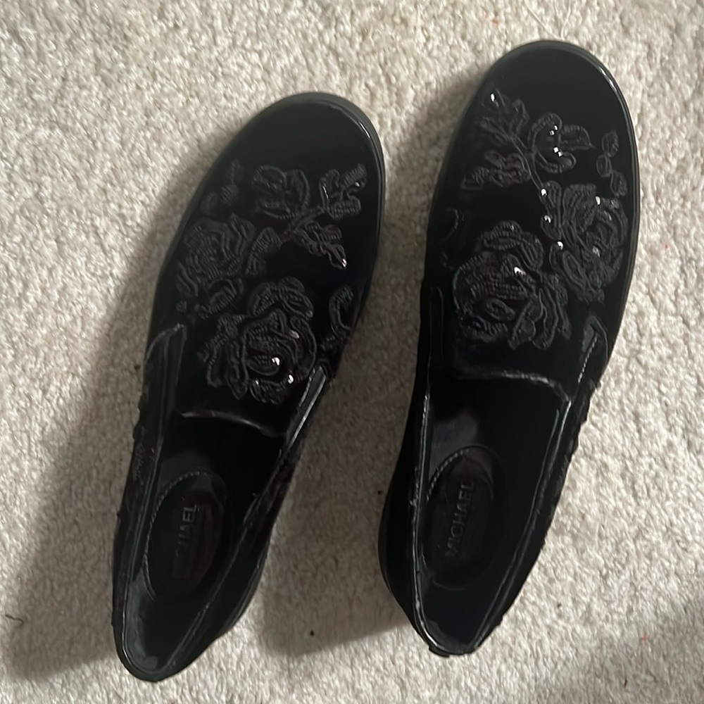 MK black loafers. Never worn. Beautifully beads and sequins embroidery on top.